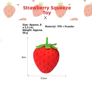 Detailed size chart for strawberry squeeze toy with TPR and flour filling texture