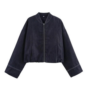 Deep blue denim bomber jacket with contrast stitching and front zipper in a loose fit