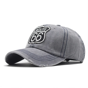 Adjustable gray washed denim baseball cap with Route 66 embroidery and distressed brim