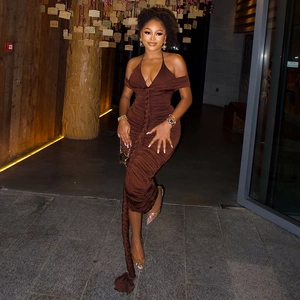 Elegant deep brown ruched halter neck maxi dress with vertical braided detail for evening