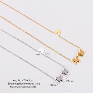 Frosted butterfly pendant necklaces in gold and silver stainless steel with size specs