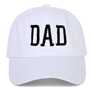 Close-up of black DAD embroidery on white cotton twill baseball cap with curved brim