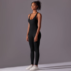 Detail view of seamless black gym bodysuit with racerback and high-elastic compression fabric