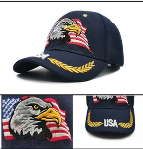 Close-up of USA flag and eagle embroidery on a navy blue cotton baseball cap