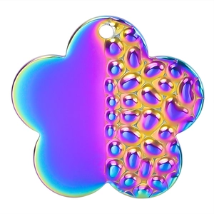 Detailed macro view of rainbow plated stainless steel flower pendant with bubble texture