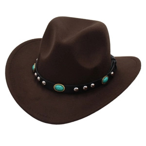 Cappello da cowboy in feltro marrone con pietre turchesi e borchie d'argento