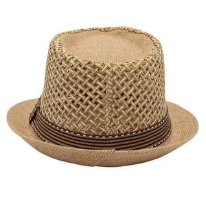 Cappello fedora in paglia intrecciato a mano con nastro a righe e corona traforata estiva