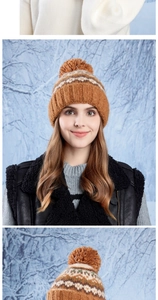 Detailed close-up of winter knit hat with pom-pom and geometric jacquard pattern