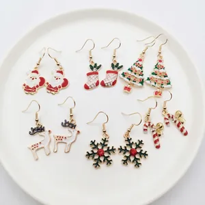 Christmas Enamel Dangle Earrings Alloy Holiday Jewelry Santa Reindeer Tree Snowflake Candy Cane Decorations