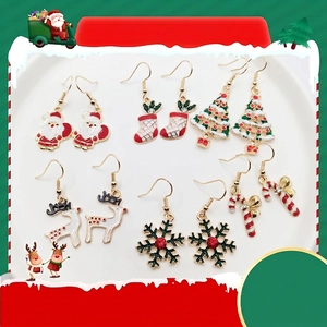 Christmas Enamel Dangle Earrings Alloy Holiday Jewelry Santa Reindeer Tree Snowflake Candy Cane Decorations