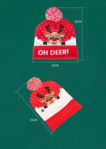 Detail view of LED Christmas knitted hat with reindeer pattern and size dimensions