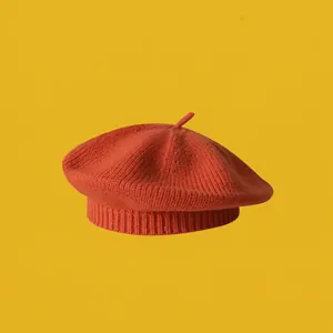 Classic kids knit beret in rust red color, minimalist autumn winter hat for boys and girls