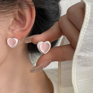 Pink Heart Copper Earrings With 925 Sterling Silver Earring Post Elegant Sweet Korean Style Cat Eye Stone Jewelry For Women