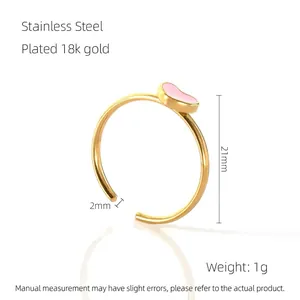 Detail of pink enamel heart on 18k gold plated stainless steel open ring showing dimensions