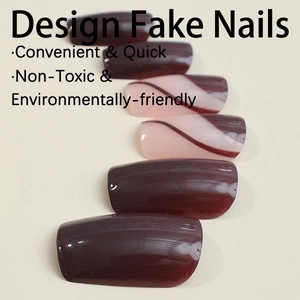Glossy brown striped press-on nails with deep burgundy solid colors in a square oval shape