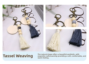 Detail of bohemian wooden bead keychain with cotton tassel and leopard print charm