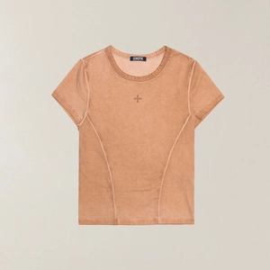 Slim fit vintage washed terracotta sports T-shirt with waist design and logo detail