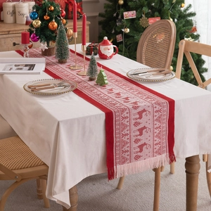 Christmas Table Runner Polyester Jacquard Reindeer Snowflake Pattern With Handmade Tassels Holiday Dining Decor