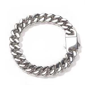 Close-up of polished silver Cuban link chain bracelet with secure box clasp closure