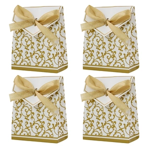 Elegant gold scroll pattern wedding favor boxes with satin ribbons set of four