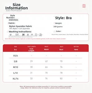 Detaillierte Größentabelle für den Yoga-Bra mit Stoff- und Maßenangaben in der Tabelle