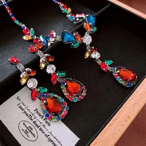 Vintage Colorful Rhinestone Necklace And Earrings Copper Zircon Waterdrop Leaf Pendant Jewelry Accessories For Women