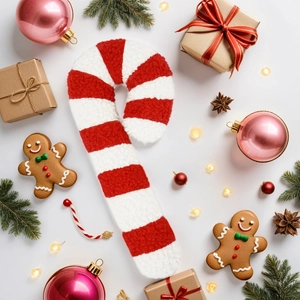 Flat lay of candy cane plush pillow surrounded by gingerbread and festive ornaments