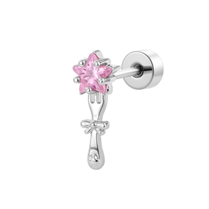 Silver magic wand stud earring with pink star zircon and a cute bow on white background