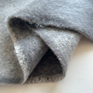 Close-up detail of grey gradient scarf fabric showing thick wool-like texture and stitching