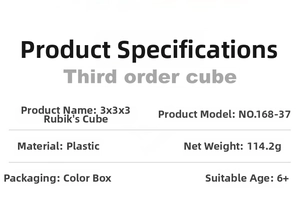 Detailed specifications table for 3x3 educational plastic magic cube for children