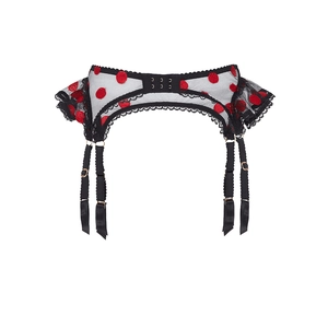 Detailed shot of black mesh garter belt featuring red velvet polka dots and lace trim