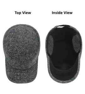 Detail of gray winter flat cap showing the fabric texture and breathable inner lining