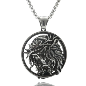 Detailed view of silver stainless steel round Jesus pendant with a classic box chain