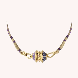 18K gold plated twisted necklace with colorful enamel pendant and woven purple cord