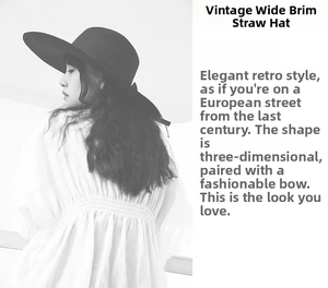 Detail of vintage wide brim straw sun hat with elegant bow and textured woven material