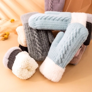 Winter thermal knit gloves for women with cable pattern and plush lining in various colors