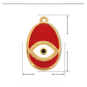 Macro detail of red enamel evil eye pendant showing 21x13mm size and gold steel finish