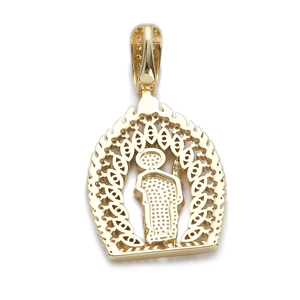 Detailed back view of golden Virgin Mary pendant with intricate hollowed texture and bail
