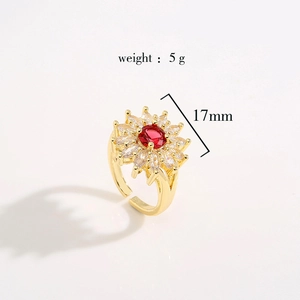 Golden sunflower ring with red center stone and clear zircons for fashion party