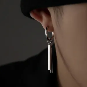 Minimalist silver hoop earring with vertical rectangle bar pendant for men and women