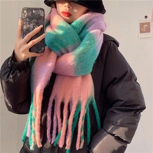 Rainbow plaid fringe scarf in pink green and purple mohair style thick winter wrap