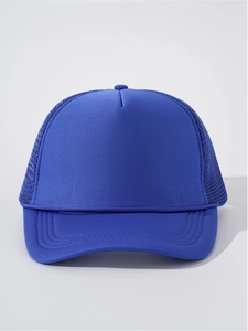 Front view of solid navy blue trucker hat with breathable mesh and decorative rope detail