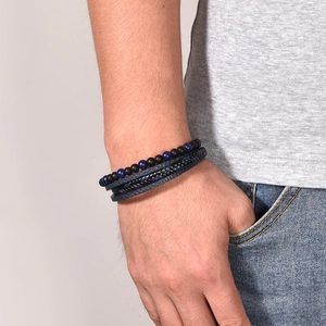 Men's braided blue leather bracelet set with tiger eye beads and magnetic clasp