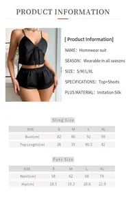 Size chart detail for black imitation silk homewear set with sling top and shorts