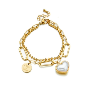 Double-layer gold chain bracelet with pearl heart and Love Dream engraved coin