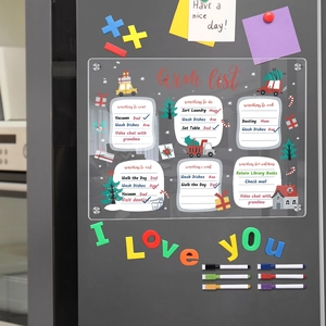 Magnetic acrylic wish list board on fridge with weekly tasks and markers