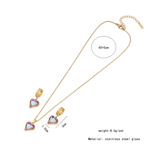 Detailed dimensions of pink glass heart necklace and earrings in gold stainless steel