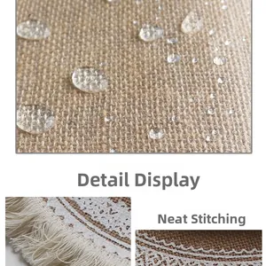 Detail of waterproof jute placemat with tassels and precise stitching for dining
