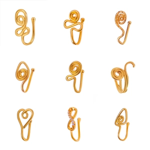 Set van 9 vergulde U-vormige nep neusringen met zirkonia en diverse geometrische ontwerpen in goud