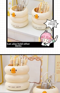 Macro detail of cream-colored duck-shaped pen holder with large capacity storage